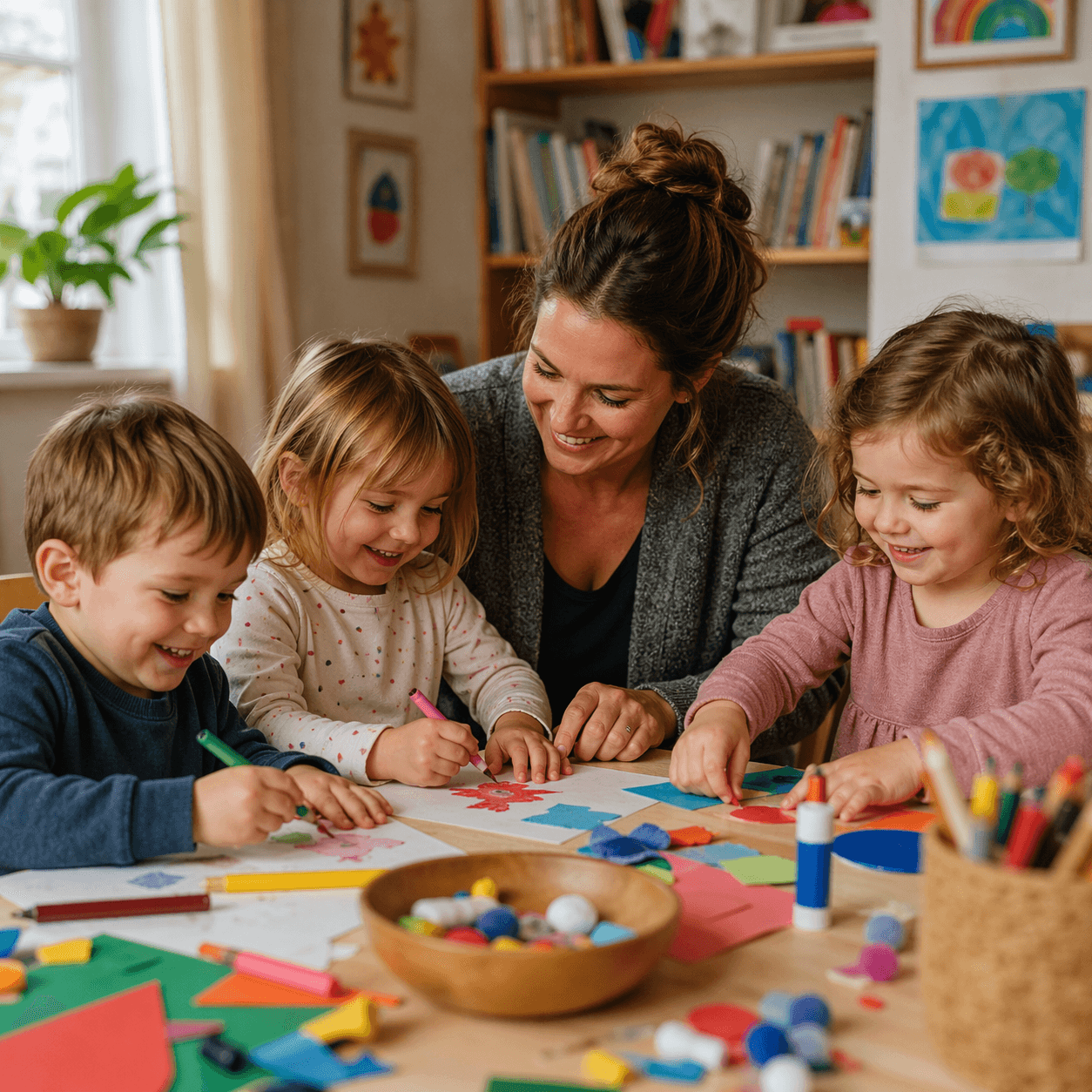 Childminder doing crafts with children